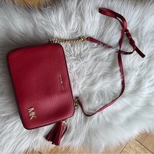 Michael Kors Red Perforated Leather Crossbody with Tassel